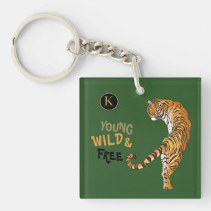 Personalised Young Wild Free Tiger Monogram Green  Key Ring