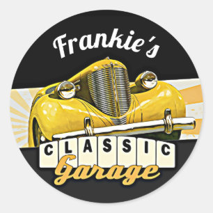 Personalised   Your Name   Classic Car Garage Round Sticker