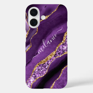 Personalised Your Name Purple Gold Glitter Marble iPhone 16 Case