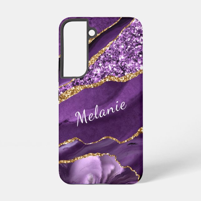 Personalised Your Name Purple Gold Glitter Marble Samsung Galaxy S22 Case (Back)
