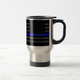 Personalised Your Name Thin Blue Line Grey US Flag Travel Mug