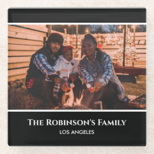 Personalised Your Photo in Black Frame with Texts Glass Coaster