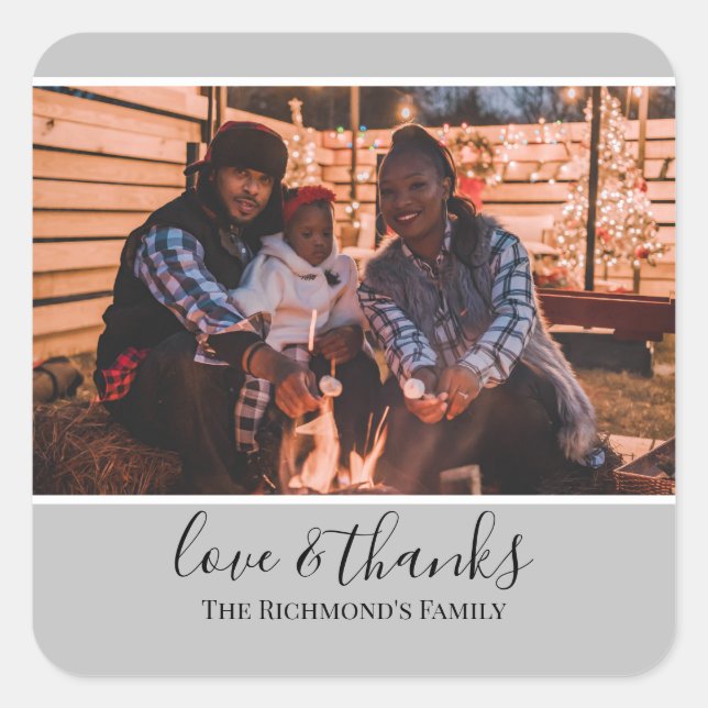 Personalised Your Photo in Grey Frame Love Thanks Square Sticker (Front)