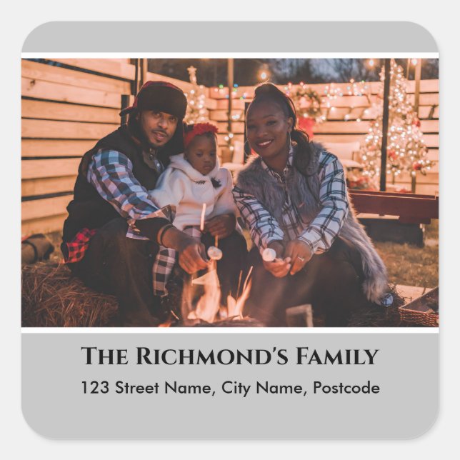 Personalised Your Photo in Grey Frame with Address Square Sticker (Front)