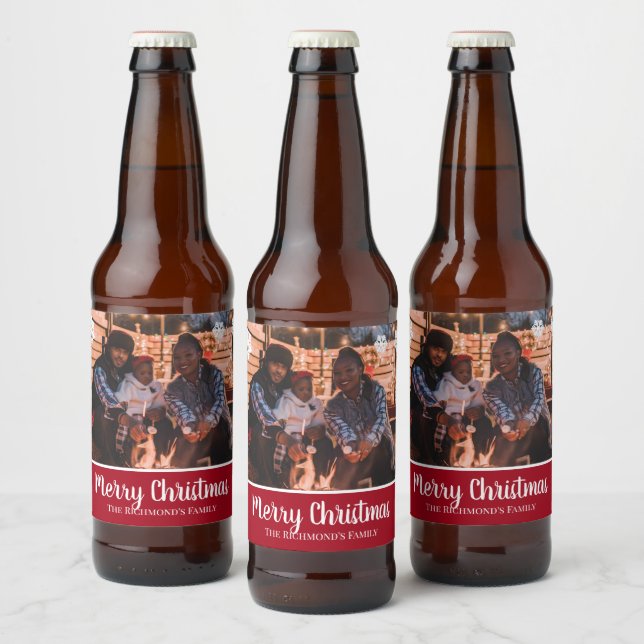Personalised Your Photo in Red Frame Snowflakes Beer Bottle Label (Bottles)