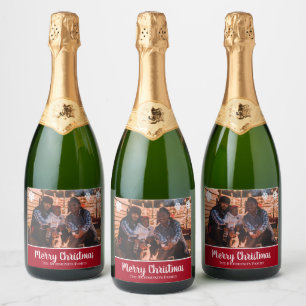 Personalised Your Photo in Red Frame Snowflakes Sparkling Wine Label