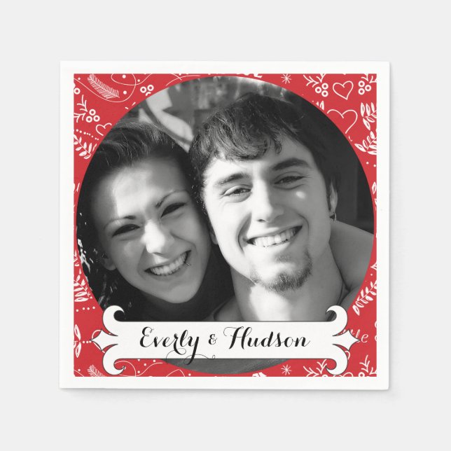 Personalised Your Photo Red Garland Floral Wedding Napkin (Front)