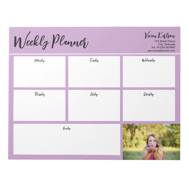 Personalised Your Photo Weekly Planner Lavender Notepad (Front)