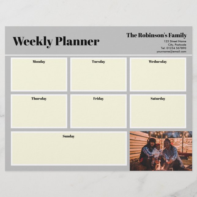 Personalised Your Photo Weekly Planner Plain Grey Custom Letterhead (Front)