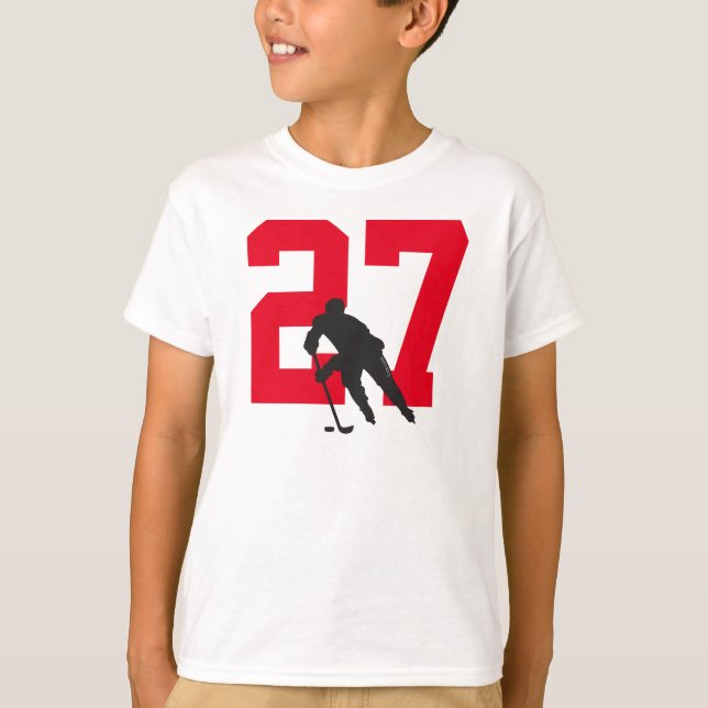 Personalised Youth Hockey Player Number Red Black T-Shirt (Front)