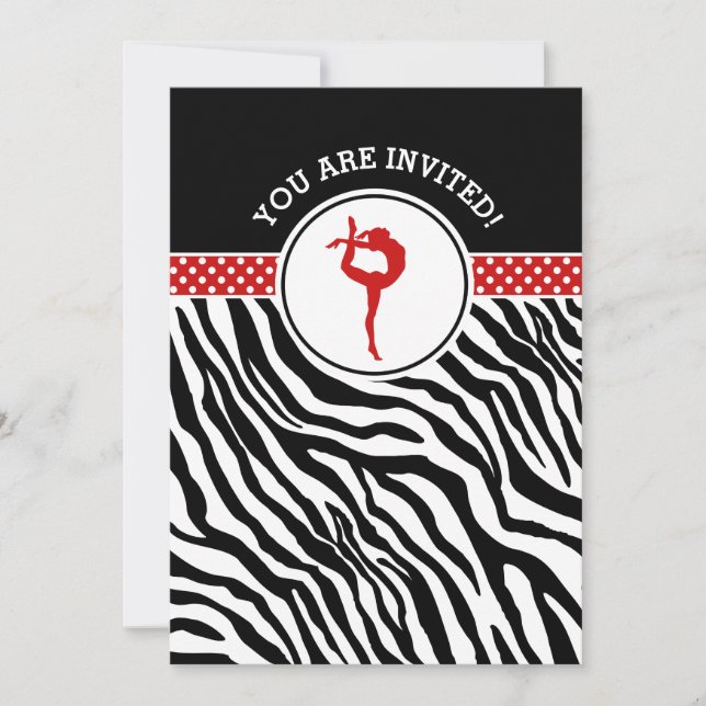 Personalised Zebra Print Gymnastics in Red Invitation (Front)