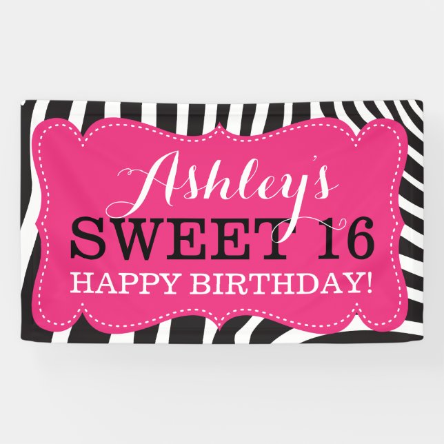 Personalised Zebra Print Sweet 16 Birthday Banner (Horizontal)