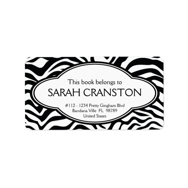Personalised Zebra Stripes Pattern Bookplate Label (Front)