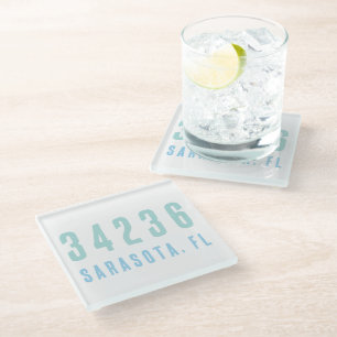 Personalised Zip Code,City,State Coastal Blues Glass Coaster