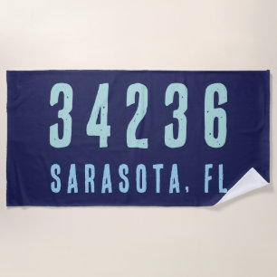 Personalised Zip Code, City, State   Navy Blue Beach Towel