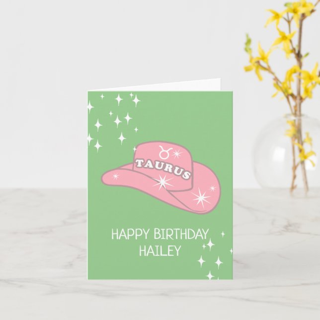 Personalised Zodiac Taurus Cowgirl Hat Birthday Card (Yellow Flower)