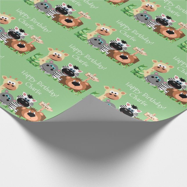 Personalised Zoo Animal Birthday Green Leaf Wrapping Paper (Corner)