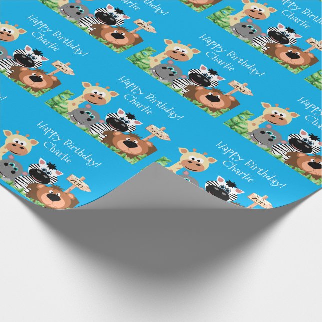 Personalised Zoo Animal Birthday Green Leaf Wrapping Paper (Corner)
