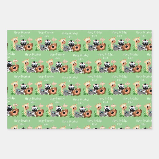 Personalised Zoo Animal Birthday Green Leaf Wrapping Paper Sheet (Front)