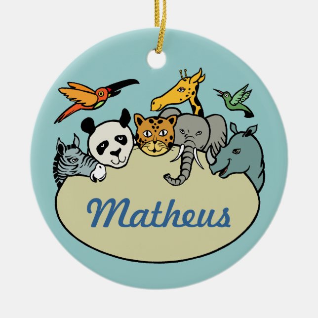 Personalised zoo family animals ceramic tree decoration (Front)
