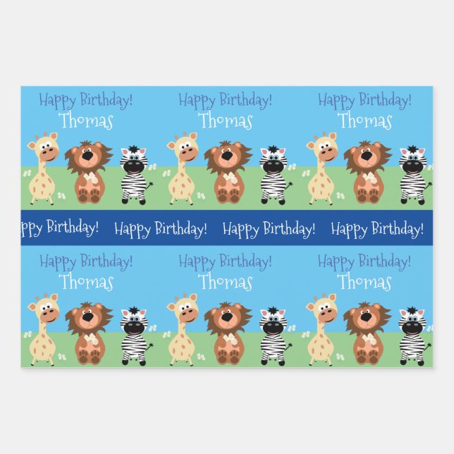 Personalised Zoo Themed Kids Wrapping Paper Sheet (Front)