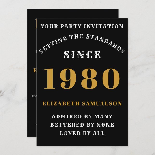 Personalises 1980 Birthday Add Your Name Black Invitation (Front/Back)