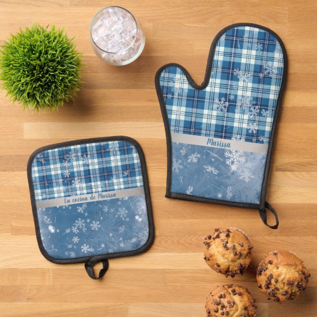 Personaliza Elegante Cuadriculado Azul  Oven Mitt & Pot Holder Set (Top Down)