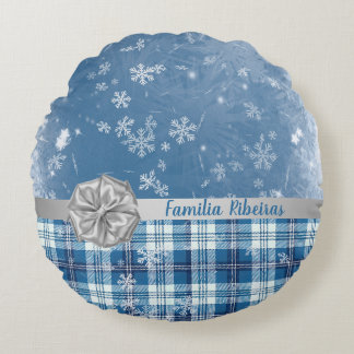 Personaliza Navidad Elegante Cuadriculado Azul Round Cushion