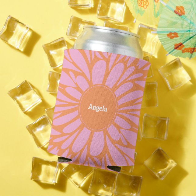 Personalizable Abstract floral burst orange & pink Can Cooler (In Situ Summer)