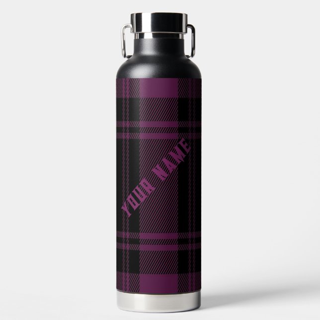 Personalizable Black & Purple Plaid Water Bottle (Front)