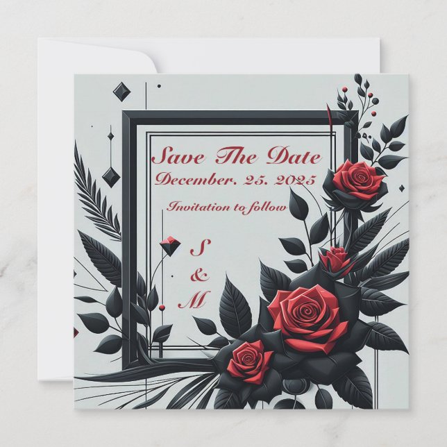 Personalizable Black & Red 3d Floral Invitation (Front)