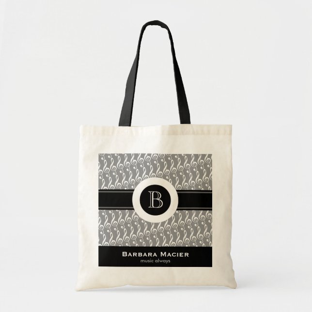 personalizable black/white music monogram tote bag (Front)
