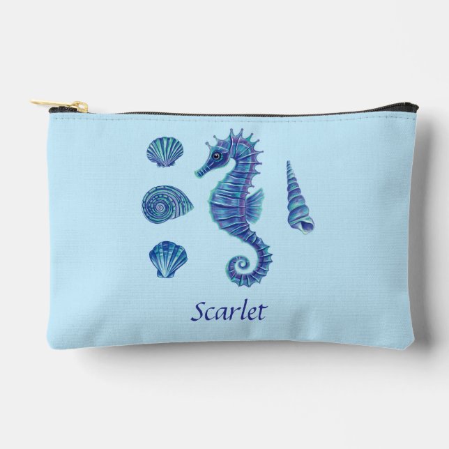 Personalizable Blue Seahorse & Seashells Accessory Pouch (Front)