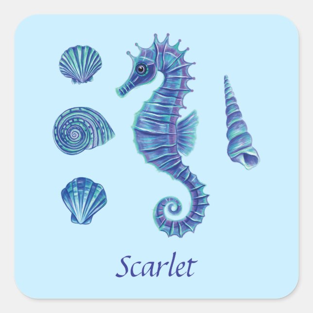 Personalizable Blue Seahorse & Seashells Square Sticker (Front)