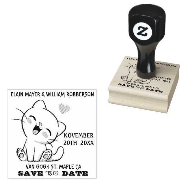 Personalizable Cute Cat Save the Date  Rubber Stamp (Stamped)