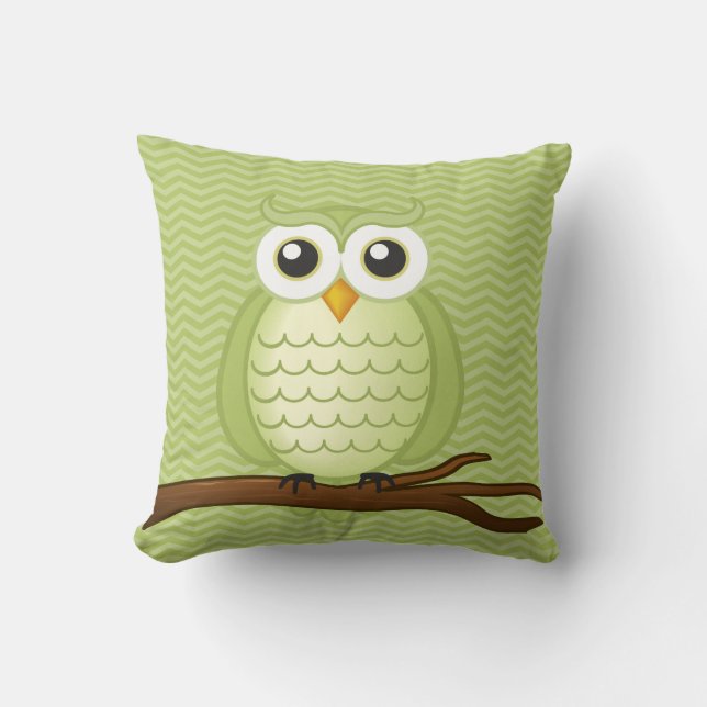 Personalizable Cute Owl | Green Chevrons Cushion (Front)