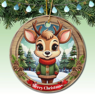 Personalizable cute reindeer character Art 🦌🎄 Ceramic Tree Decoration