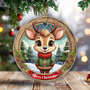 Personalizable cute reindeer character Art 🦌🎄 Ceramic Tree Decoration