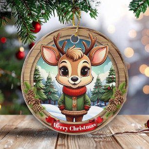 Personalizable cute reindeer character Art 🦌🎄 Ceramic Tree Decoration