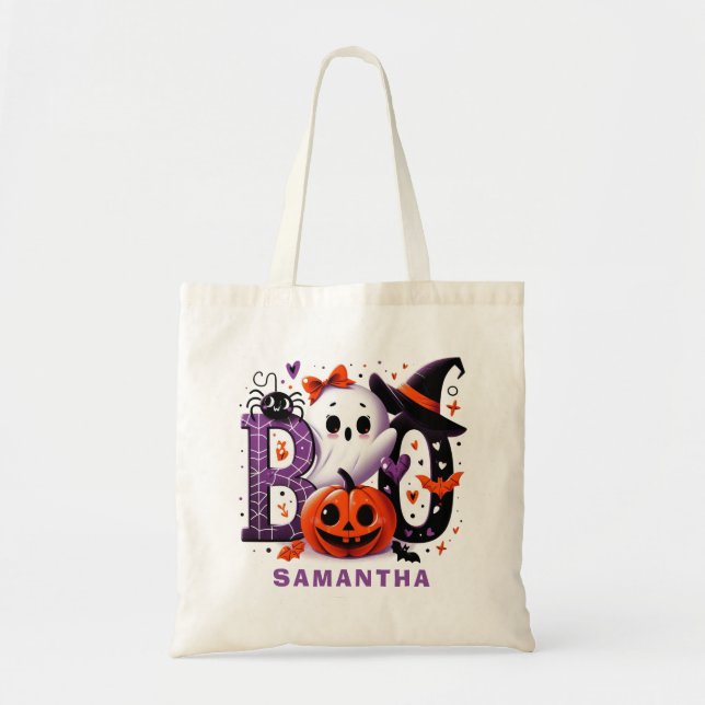 Personalizable Halloween Boo Cute Ghost Pumpkin Tote Bag (Front)