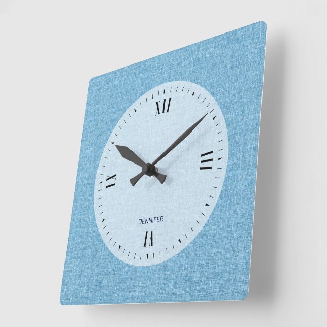 personalizable Light Blue Faux Linen Print Square Wall Clock (Angle)
