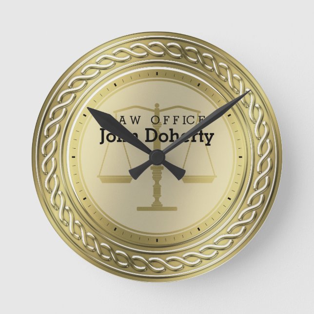 Personalizable Luxury Golden Scales of Justice Round Clock (Front)