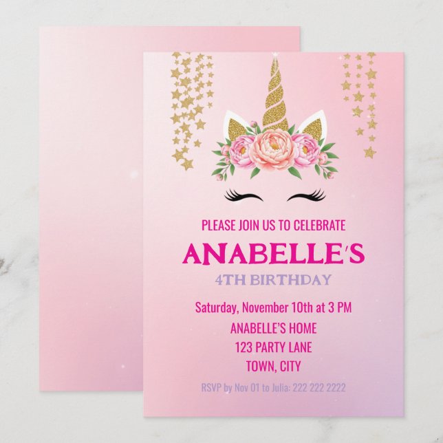 Personalizable Magical Unicorn Birthday Invitation (Front/Back)