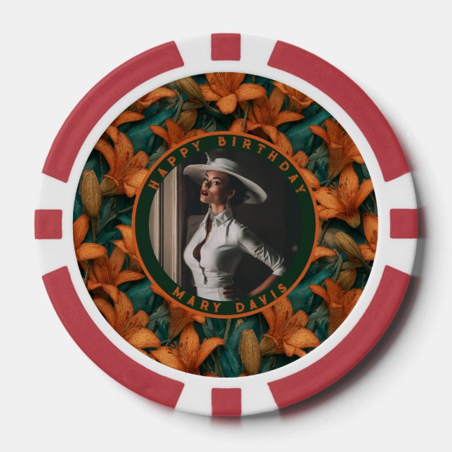 Personalizable Orange Lilies Charm Beach Party Poker Chips (Front)