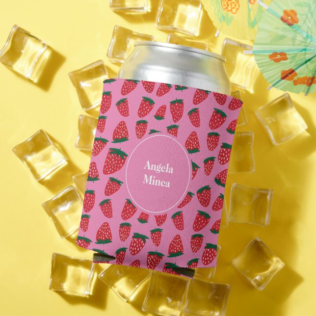Personalizable organic summer strawberries pink can cooler (In Situ Summer)