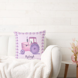 Personalizable Pink and Purple Watercolor Tractor Cushion