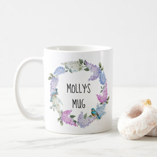 Personalizable purple lilac wreath and bluebirds coffee mug