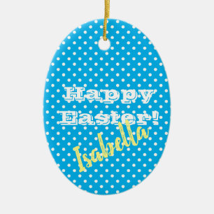Personalizable Vintage Blue Polka Dot Happy Easter Ceramic Tree Decoration