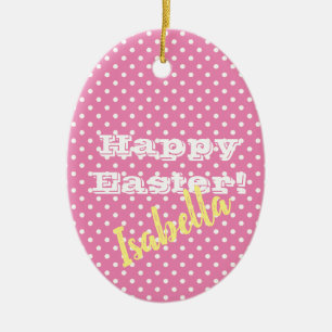 Personalizable Vintage Pink Polka Dot Happy Easter Ceramic Tree Decoration