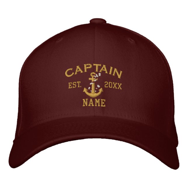 Personalizable YEAR and Names Captain Rope Anchor Embroidered Hat (Front)